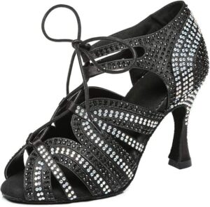 Latin Ballroom Dance Shoes Women Rhinestone with lace-up Salsa Bachata Performance Wedding Dancing Shoes