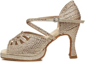 HROYL Women Rhinestone Ballroom Dance Shoes Latin Salsa Bachata Performance Dance Shoes