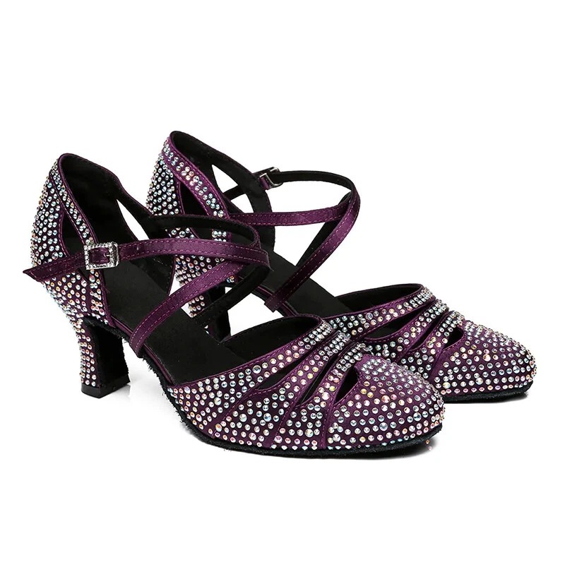 Women Ballroom Latin Modern Dancing Shoes Rhinestone Salsa Party Wedding Heeled - Image 2