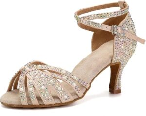 Women's Latin Salsa Dance Shoes Nude Satin with Rhinestones Braided Ballroom Shoes