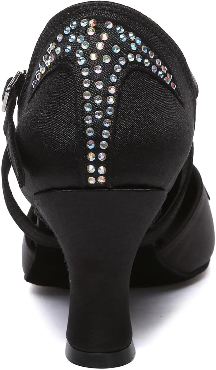 Women’s Satin Latin Dance Shoes Closed Toe Rhinestones Indoor Salsa Ballroom Dance Heels - Image 3