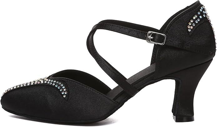 Women’s Satin Latin Dance Shoes Closed Toe Rhinestones Indoor Salsa Ballroom Dance Heels - Image 4