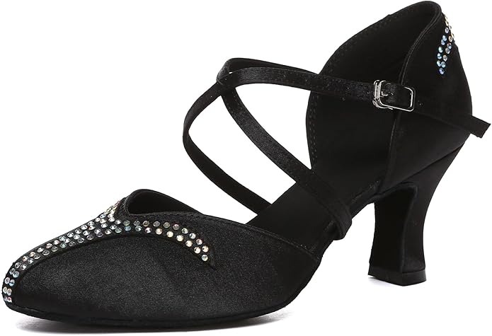 Women’s Satin Latin Dance Shoes Closed Toe Rhinestones Indoor Salsa Ballroom Dance Heels - Image 5
