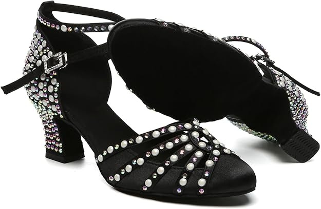 Rhinestone Dancing Shoes Women Mid Heel Latin Ballroom Pumps - Image 2