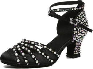 Rhinestone Dancing Shoes Women Mid Heel Latin Ballroom Pumps