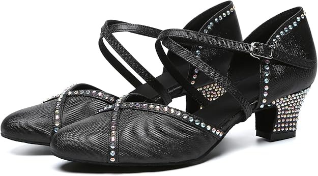 Minishion Rhinestone Dancing Shoes Women Mid Heel Latin Ballroom Pumps - Image 2