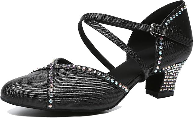 Minishion Rhinestone Dancing Shoes Women Mid Heel Latin Ballroom Pumps