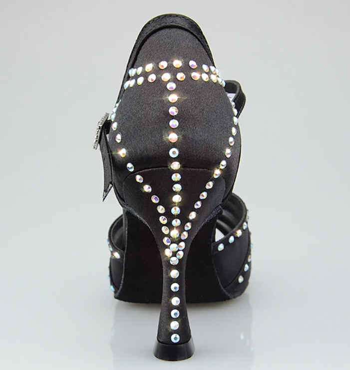 Women's Rhinestone Latin Dance Shoes with Soft Suede Sole – Elegant Satin T-Strap Ballroom Heels for Salsa, Tango, Bachata & Performance Events - Image 2