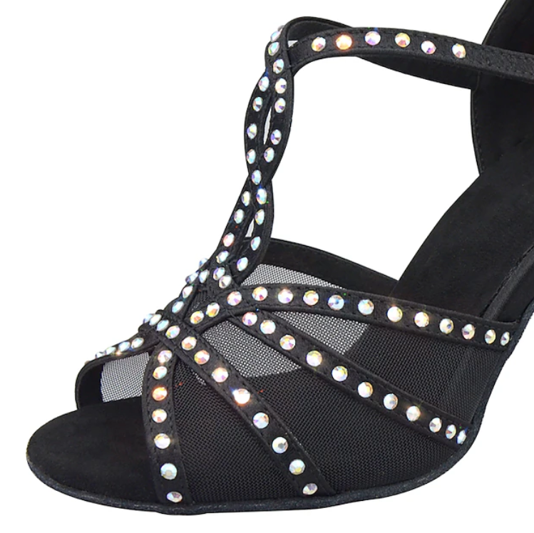 Women's Rhinestone Latin Dance Shoes with Soft Suede Sole – Elegant Satin T-Strap Ballroom Heels for Salsa, Tango, Bachata & Performance Events - Image 3