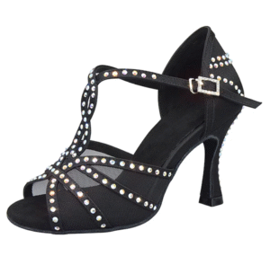 Women's Rhinestone Latin Dance Shoes with Soft Suede Sole – Elegant Satin T-Strap Ballroom Heels for Salsa, Tango, Bachata & Performance Events