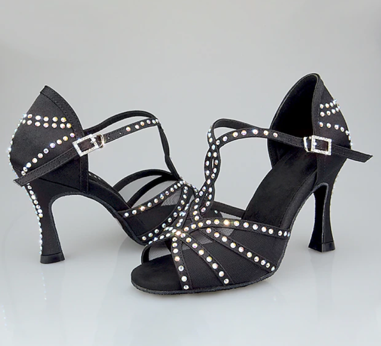 Women's Rhinestone Latin Dance Shoes with Soft Suede Sole – Elegant Satin T-Strap Ballroom Heels for Salsa, Tango, Bachata & Performance Events - Image 5